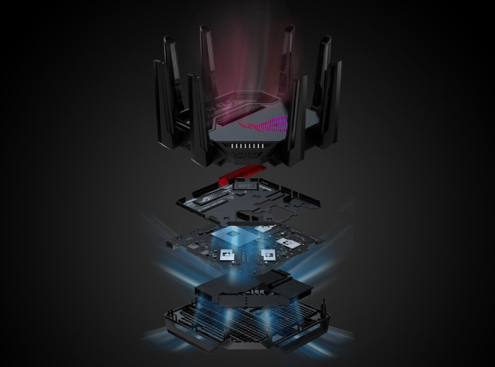Router ASUS ROG Rapture GT-BE98 Wizualizacja rozłożonego routera pokazująca jego wewnętrzne komponenty i system chłodzenia, budowa, radiatory, chłodzenie, wentylacja
