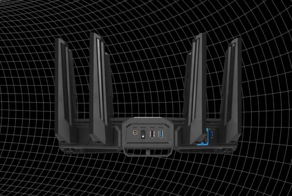 Router ASUS ROG Rapture GT-BE98 Tylny panel routera z widocznymi portami USB, LAN i zasilania na tle czarnej siatki 3D, tryby działania, modem, funkcje