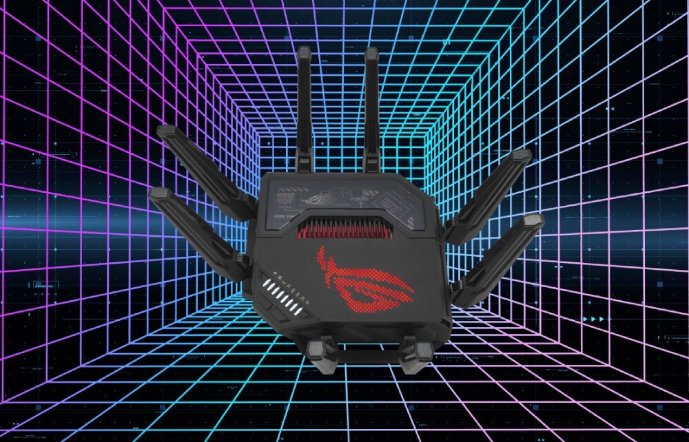 Router ASUS ROG Rapture GT-BE98 Router z rozłożonymi antenami widoczny od frontu na tle siatki 3D w neonowych kolorach, cechy, łączność, pasma, prędkość