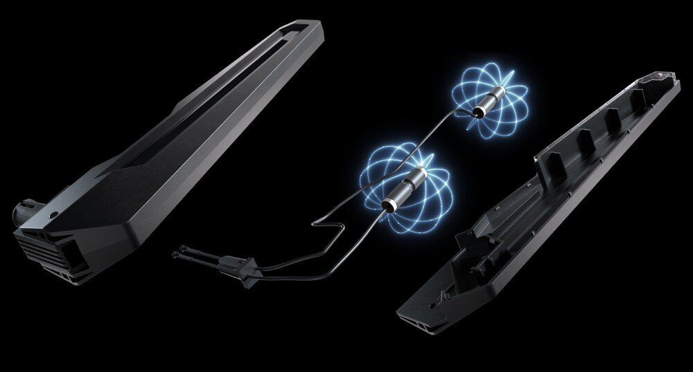 Router ASUS ROG Rapture GT-BE98 Zbliżenie na czarne anteny routera oraz przewody z efektami świetlnymi symbolizującymi sygnał, anteny, sygnał, wzmacniacze