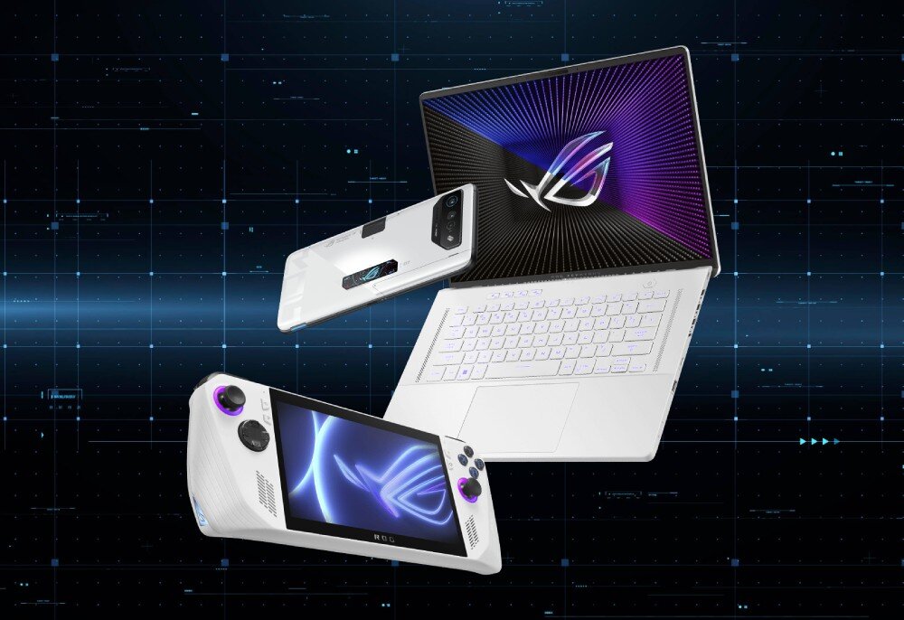 Router ASUS ROG Rapture GT-BE98 Laptop, smartfon i konsola przenośna w białym kolorze z wyświetlanym logotypem na ekranach, aplikacja, konfiguracja, narzędzia