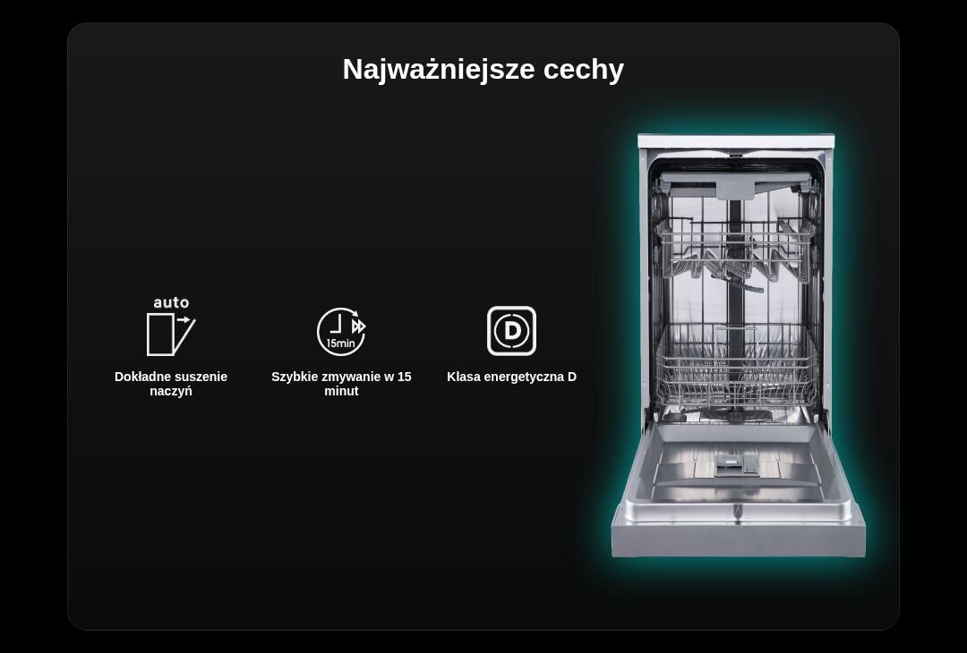 ZMYWARKA HISENSE HS543D10X Ciemna plansza z nagłówkiem „Najważniejsze cechy”, trzema ikonami: automatyczne dokładne suszenie, szybkie zmywanie w 15 minut, wydajna i cicha praca oraz po prawej zdjęcie zmywarki z podświetloną obudową