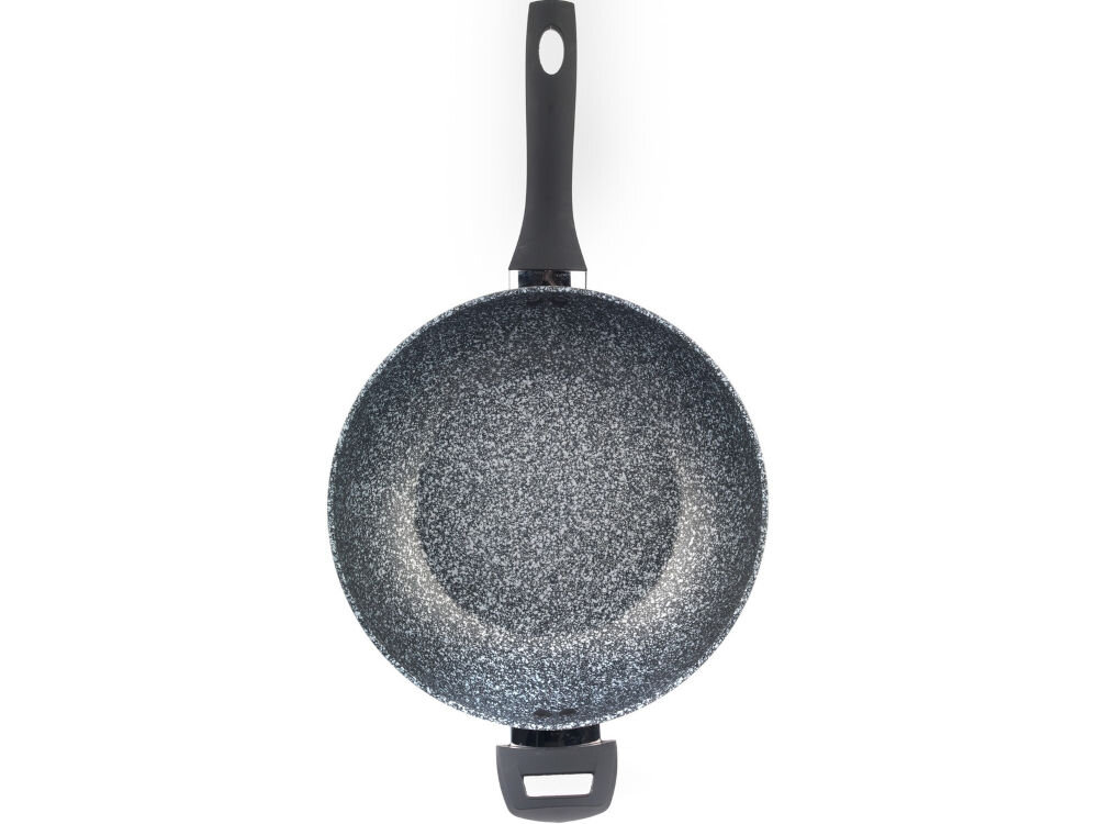 Patelnia wok SALTER Megastone BW05753S1 28 cm Beztłuszczowa patelnia szara marmurkowa czarne uchwyty białe tło z mocnego kutego aluminium wytrzymałość cztery warstwy materiałów wolnych od PFOA odporna na ścieranie, zarysowania korozję trwała konstrukcja estetyczny wygląd funkcjonalność