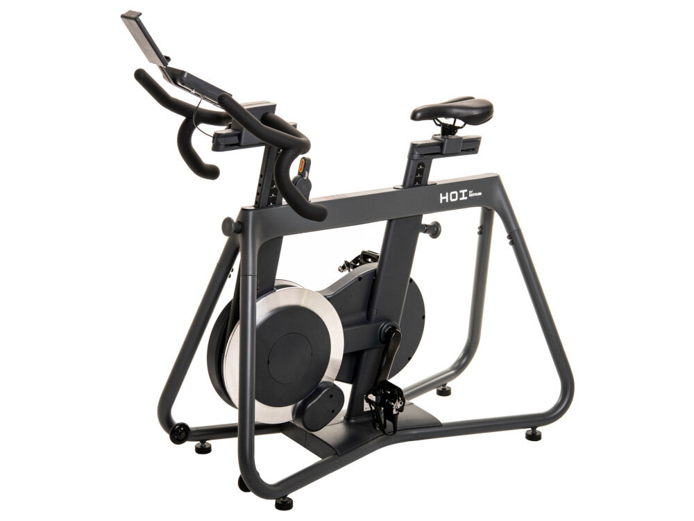 Rower spinningowy KETTLER Hoi Frame Speed Szary kolo zamachowe waga 3,5 kg uklad napedowy w obudowie dzwiek jest wytlumiony magnetyczny system hamowania pasowy naped z przelozeniem 1:8 moc do 1000 W