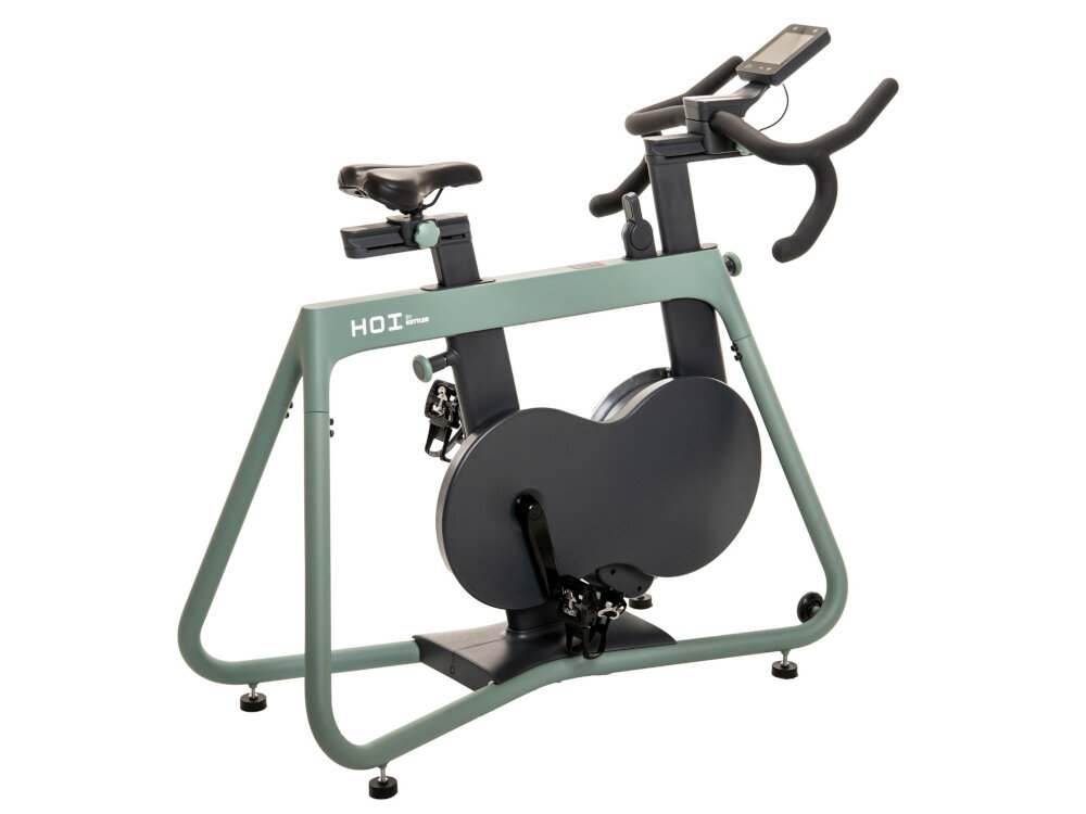 Rower spinningowy KETTLER Hoi Frame Speed Zielony kolo zamachowe waga 3,5 kg uklad napedowy w obudowie dzwiek jest wytlumiony magnetyczny system hamowania pasowy naped z przelozeniem 1:8 moc do 1000 W