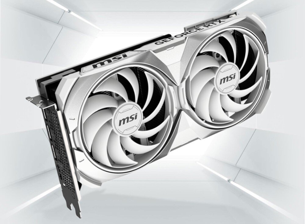 Karta graficzna MSI GeForce RTX 4070 Ti Super Ventus 2X White OC 16GB Karta graficzna w srebrno-białej obudowie z dwoma dużymi wentylatorami, zawieszona w jasnym, futurystycznym tle, opis