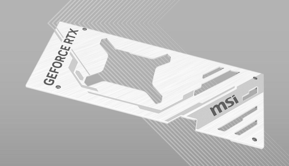 Karta graficzna MSI GeForce RTX 4070 Ti Super Ventus 2X White OC 16GB Metalowa osłona chłodzenia karty graficznej w białym kolorze. Widoczne wycięcia wentylacyjne, trwałość wytrzymałość backplate bezpieczniki