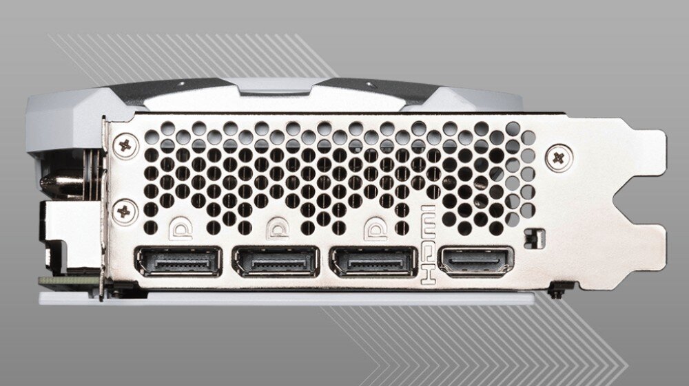 Karta graficzna MSI GeForce RTX 4070 Ti Super Ventus 2X White OC 16GB Panel złącz karty graficznej z trzema portami DisplayPort i jednym HDMI, podłączenie porty złącza standardy biblioteki rozdzielczość