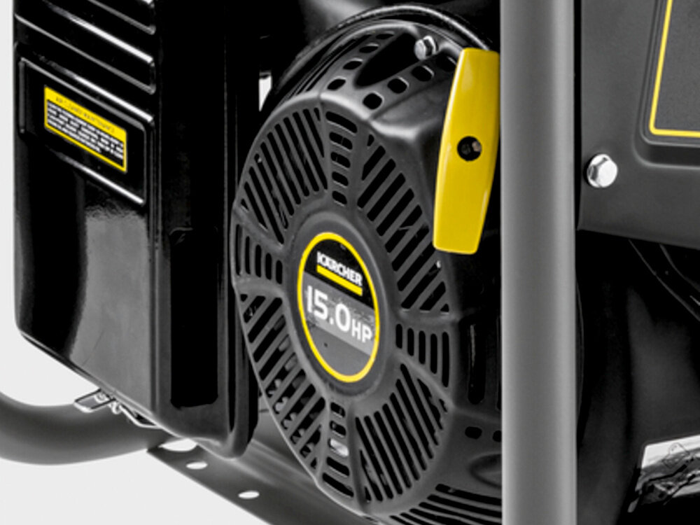 Agregat prądotwórczy KARCHER PGG 3-1 1.042-207.0 mocny silnik pojemnosc 208 cm³ moc znamionowa 2,8 kW moc maksymalna 3 kW duzy zbiornik paliwa pojemnosc 15 litrow okolo 12 godzin pracy przy 50% obciazenia przy pelnym obciazeniu do 6,5 godziny
