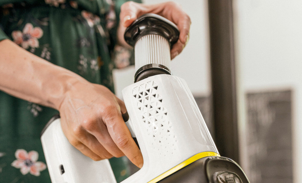 Odkurzacz KARCHER VC 6 Cordless Premium ourFamily 1.198-677.0 System filtracji trójstopniowy bezworkowy system filtracji filtr cyklonowy filtr powietrza filtr HEPA norma EN 1822:1998 drobne zanieczyszczenia dla alergików