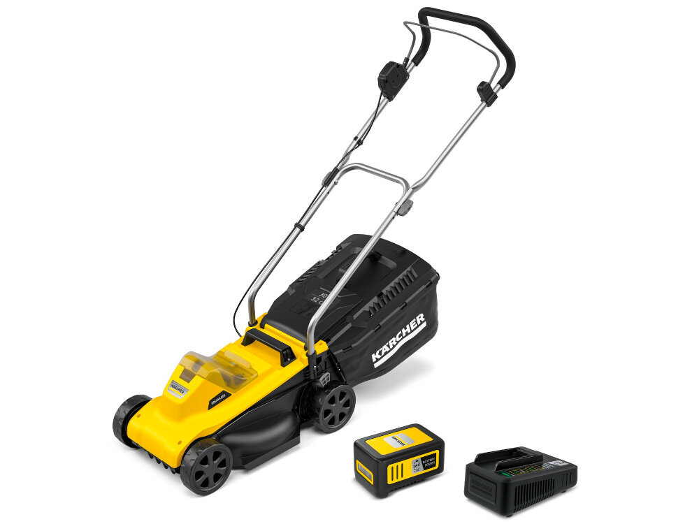 Kosiarka akumulatorowa KARCHER LMO 2-18 Battery Set 1.445-401.0 zestaw na białym tle w zestawie kosiarka akumulator ładowarka kosz dokumentacja