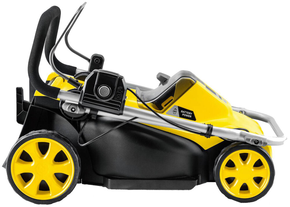 Kosiarka akumulatorowa KARCHER LMO 3-18 Battery Set 1.445-411.0 złożona kosiarka na białym tle widoczna z boku do precyzyjnego i wygodnego koszenia trawnika bez ograniczeń przewodem zasilanie akumulatorowe do pracy przy mniejszych średnich powierzchniach