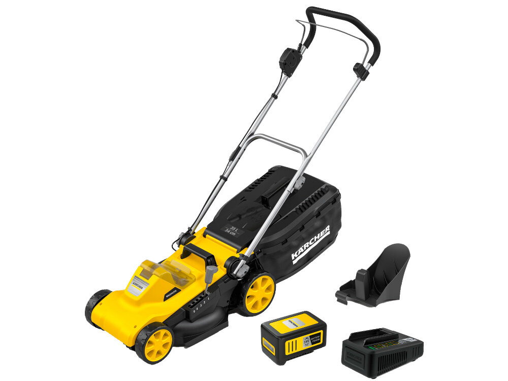 Kosiarka akumulatorowa KARCHER LMO 3-18 Battery Set 1.445-411.0 zestaw na białym tle w zestawie kosiarka akumulator ładowarka kosz zestaw do mulczowania dokumentacja