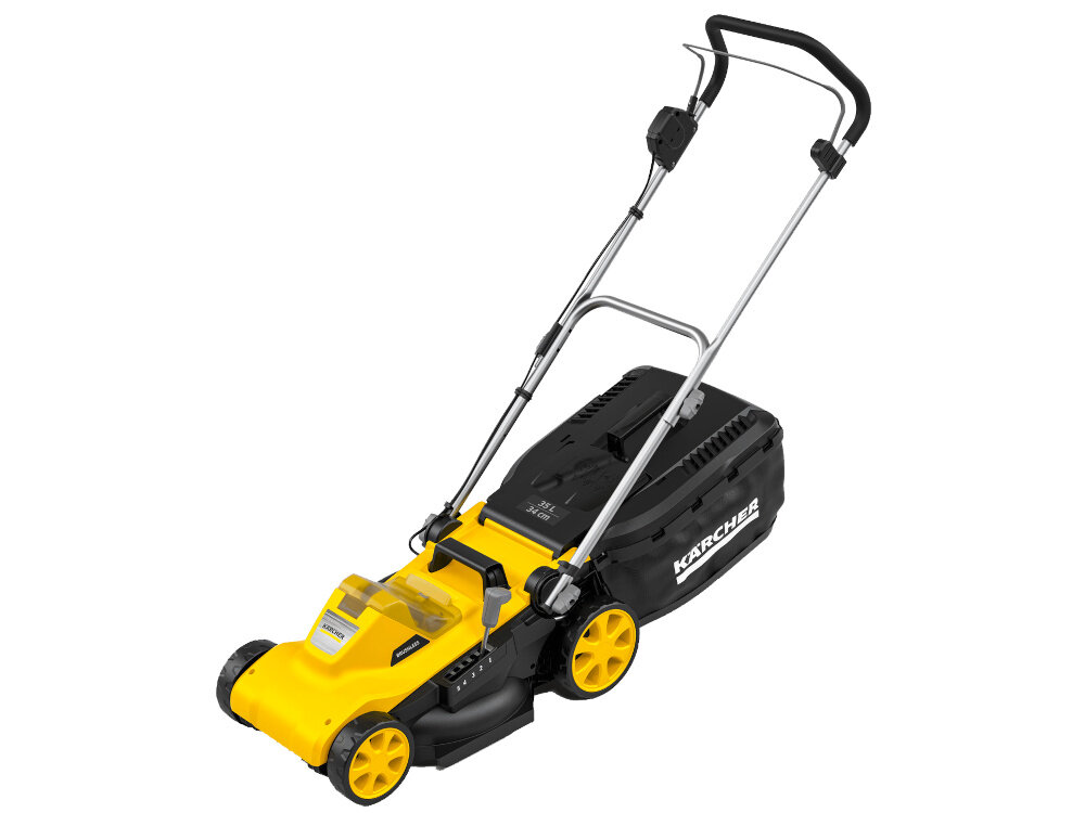 Kosiarka akumulatorowa KARCHER LMO 3-18 Battery Set 1.445-411.0 kosiarka na białym tle widoczna od przodu pod skosem technologia czasu rzeczywistego z wyświetlaczem LCD baterii ogniwa litowo-jonowe wytrzymałość stabilna moc wymienna bateria może być stosowana także w innych urządzeniach KARCHER korzystających z platformy KARCHER Battery Power 18 V