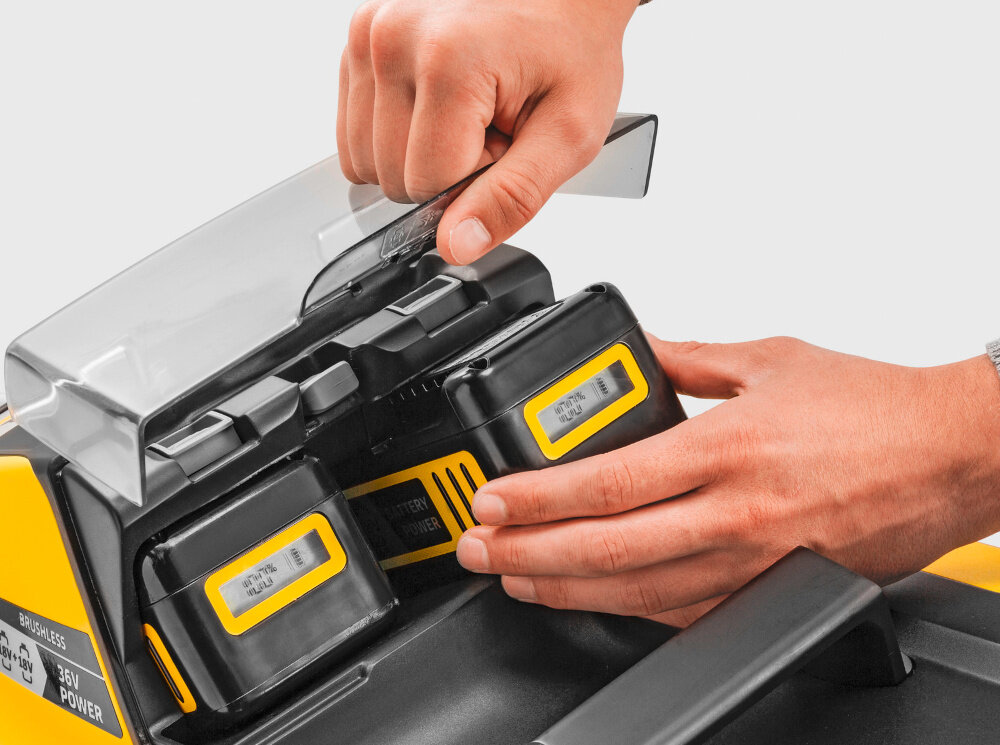 Kosiarka akumulatorowa KARCHER LMO 4-18 1.445-421.0 platforma bateryjna KARCHER 18 V silnik bezszczotkowy wysoka wydajnosc pracy predkosc do 3500 obr./min dwa akumulatory o napieciu 18 V i pojemnosci 5,0 Ah kazdy do 450 m² dwie ladowarki
