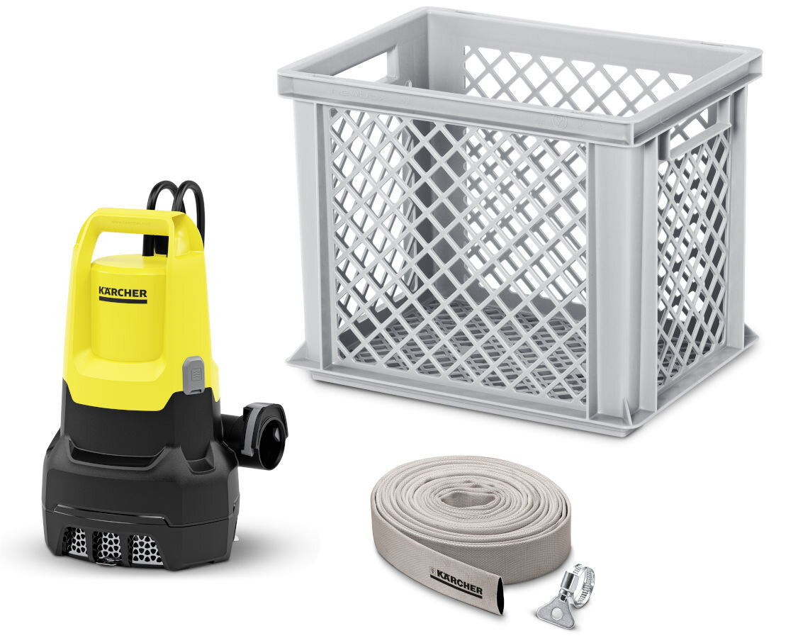Pompa zanurzeniowa do wody brudnej KARCHER SP 22.000 Flood Box elektryczna 1.645-853.0, woda, pomieszczenia, podtopienia, zalanie, na białym tle zestaw karcher pompa, skrzynia, wąż
