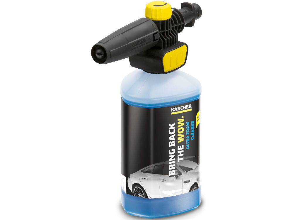 Dysza do piany KARCHER 2.643-142 praktyczne rozwiązanie do myjek k2-k7 system szybkiej wymiany detergentów kliknięcie regulacja dozowanie detergentu żółte pokrętło regulacja szerokości strumienia dostosowanie pracy środek czyszczący Ultra Foam przeźroczysty zbiornik kontrola poziomu detergentu czyszczenie samochodów motorów rowerów i przyczep kempingowych 