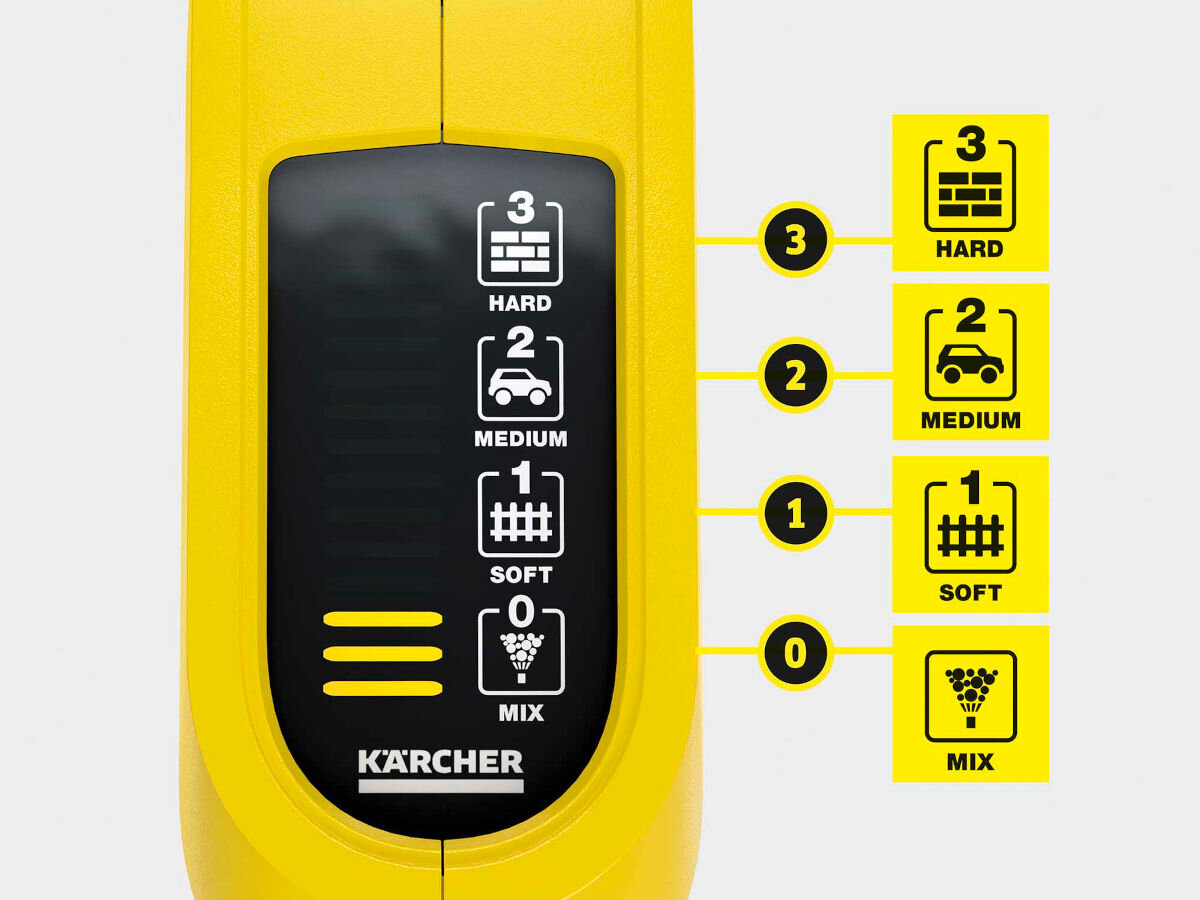 Pistolet KARCHER 2.644-327.0, wyświetlacz, kontrolowanie, tryby, woda, na białym tle zbliżenie na wyświetlacz pistoletu