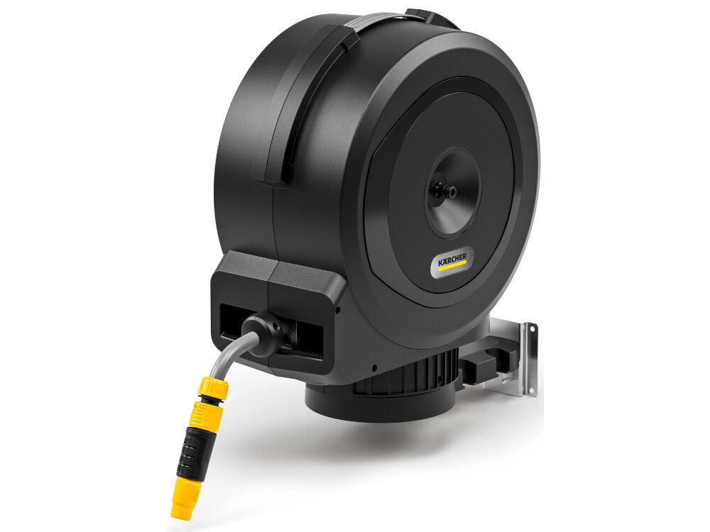 Bęben na wąż KARCHER HBX 5.35 Automatic bęben na białym tle widoczny od przodu pod lekkim skosem do wygodnego przechowywania rozwijania i zwijania węża ogrodowego chroni wąż przed uszkodzeniami mechanicznymi i wpływem warunków atmosferycznych montaż na ścianie stały dostęp do węża