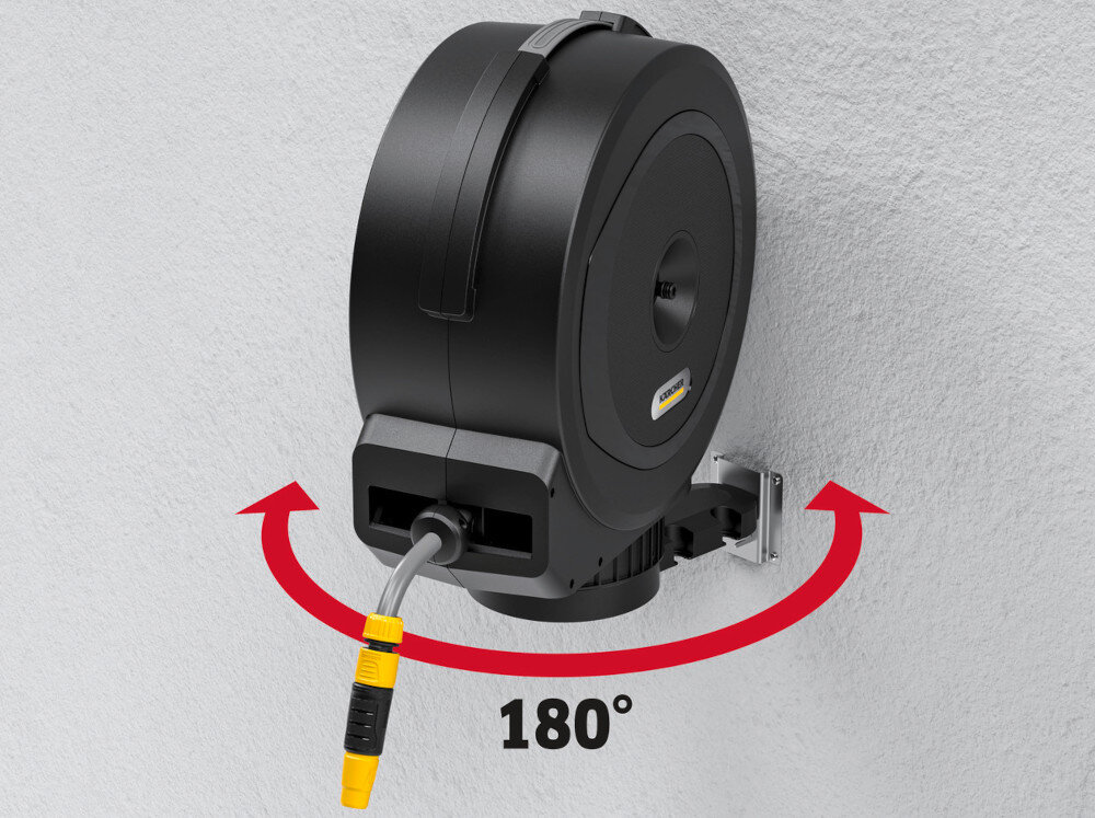 Bęben na wąż KARCHER HBX 5.35 Automatic jasna ściana bęben umieszczony na ścianie czerwona strzałka pokazująca możliwość obrotu skrzynka montowana na ścianie z możliwością obrotu o ponad 180° podlewanie w różnych kierunkach płynne manewrowanie wężem mniejsze obciążenie rąk