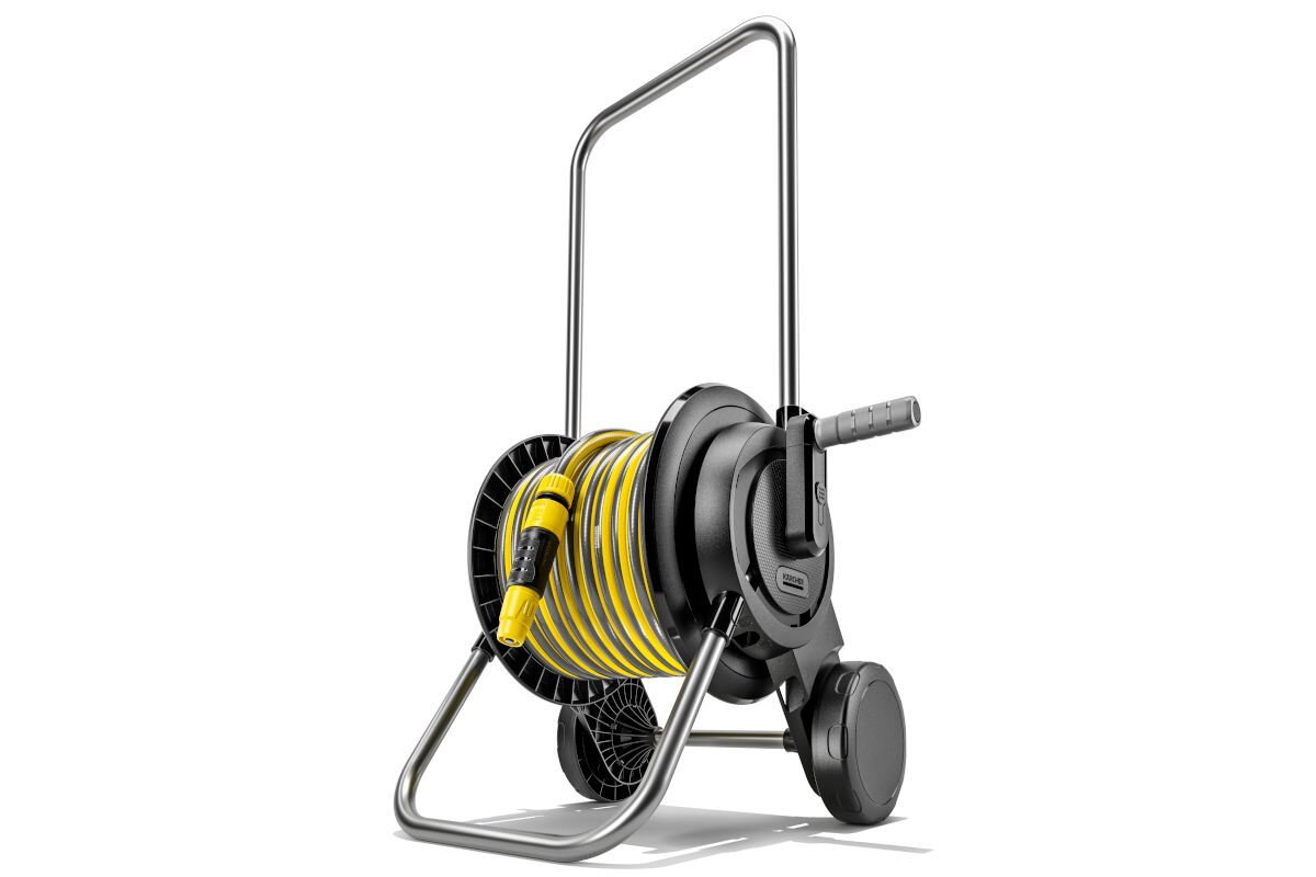 Wózek KARCHER z wężem HT 2.20 2.645-362.0, zestaw, akcesoria, wąż, spryskiwacz, Wózek na wąż ogrodowy na białym tle.