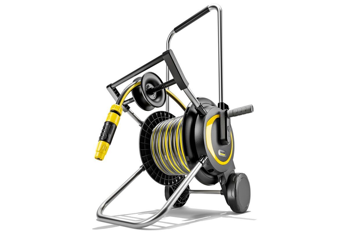 Wózek KARCHER z wężem HT 4.20 2.645-366.0, zestaw, wąż, akcesoria, spryskiwacz, Wózek na wąż ogrodowy na białym tle.