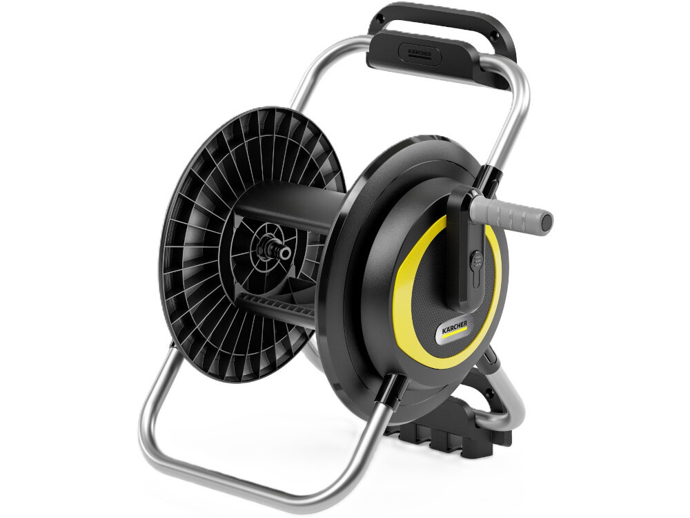 Bęben na wąż KARCHER Premium HR 4 2.645-373.0 bęben na białym tle widoczny od przodu pod skosem do wygodnego przechowywania i obsługi węża ogrodowego pozwala szybko rozwinąć i zwinąć wąż bez bałaganu możliwości użytkowania przy ścianie w trybie przenośnym