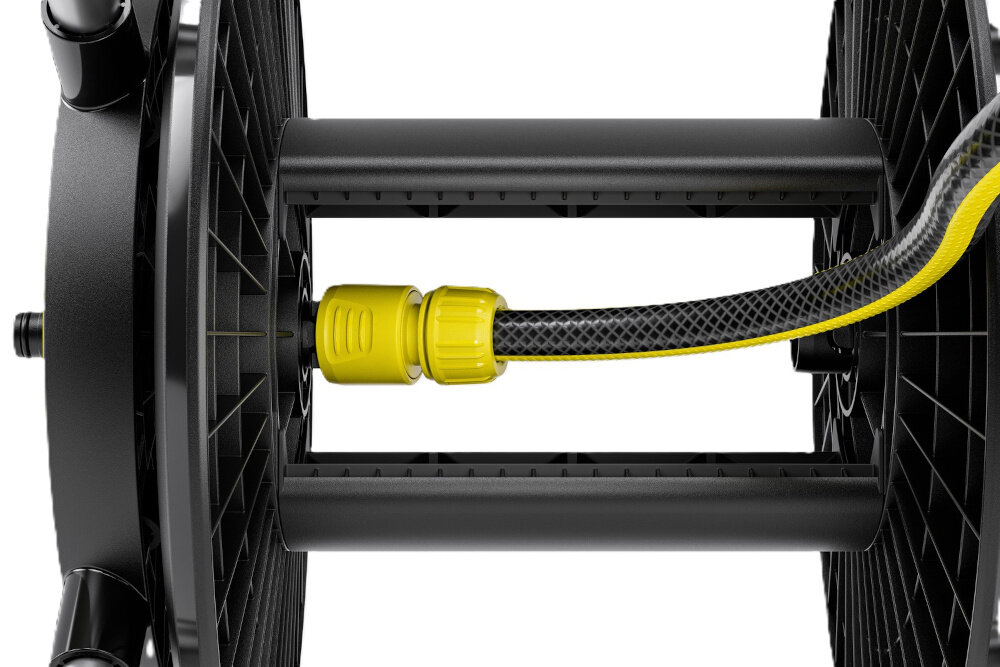 Bęben na wąż KARCHER Premium HR 4 2.645-373.0 białe tło zbliżenie na złącze w złączu umieszczona szybkozłączka podłączona do węża ogrodowego kątowe złącze węża zapobiega jego skręcaniu i załamywaniu przy podłączeniu przepływ wody pozostaje równomierny zmniejsza straty ciśnienia pozwala lepiej wykorzystać możliwości instalacji