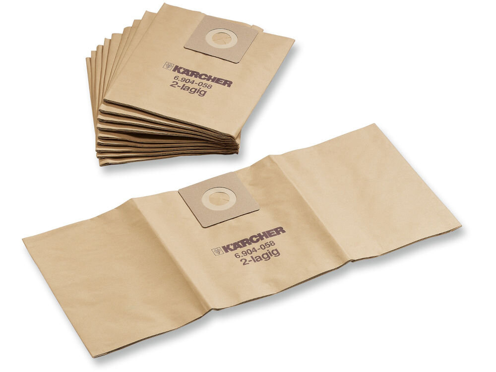 Worek do odkurzacza KARCHER 6.904-337.0 (300 sztuk) rozłożona torebka i torebki na stosie na białym tle