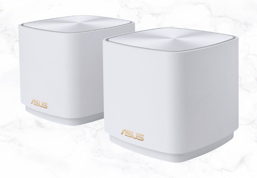 Router ASUS ZenWiFi AX Mini XD4 Plus Dwa białe urządzenia z logo ASUS stoją obok siebie na jasnym marmurowym tle, kontrola rodzicielska