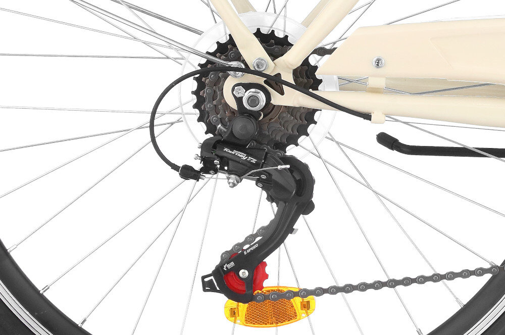Rower miejski INDIANA Moena S7B 26 cali Capuccino 7 przelozen tylne przerzutki SHIMANO Tourney duza wytrzymalosc sprawne dzialanie plynna bezproblemowa zmiana bigow