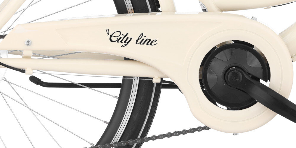 Rower miejski INDIANA Moena S7B 26 cali Capuccino oslona lancucha pokrywa lancuch ochrona przed zabrudzeniami woda kurzem odporna na uszkodzenia mechaniczne nie deformuje sie korba INDIANA stalowa solidny wytrzyma bardzo duzy nacisk na pedaly