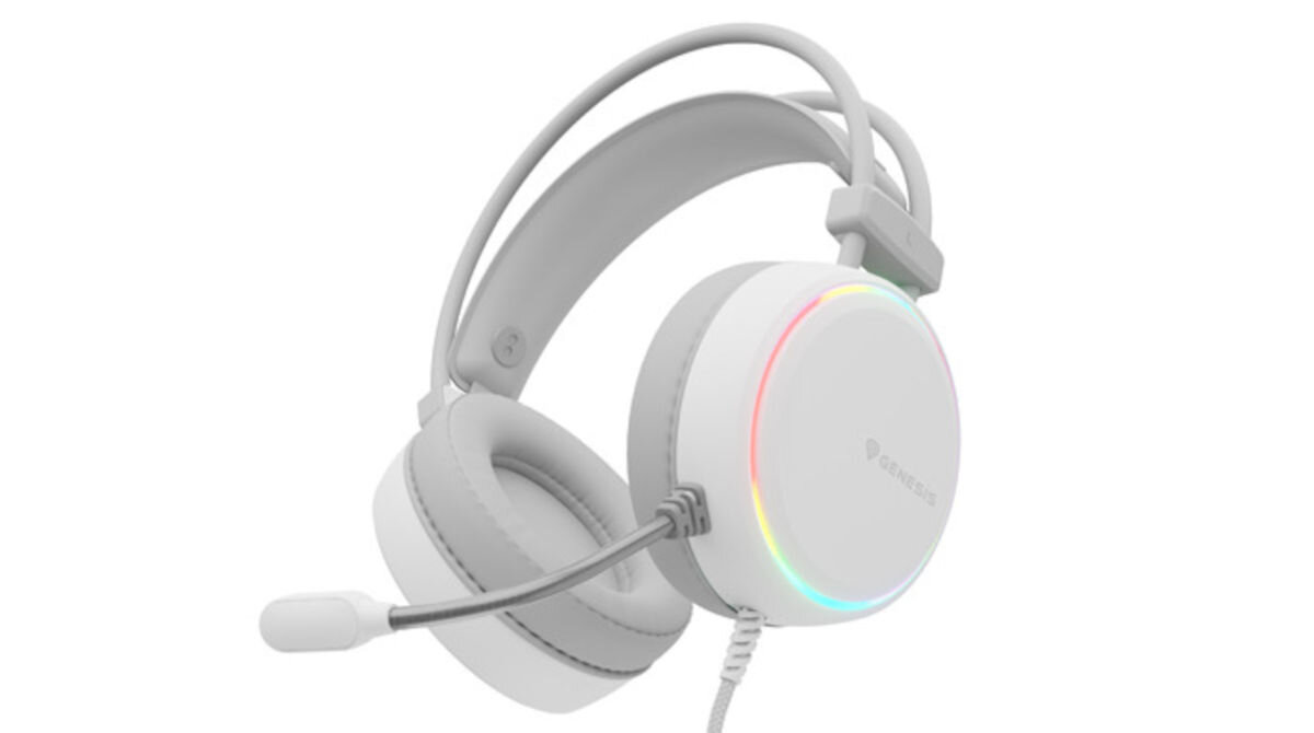 Słuchawki GENESIS Neon 613 RGB Nauszne Biały przewód w tekstylnym oplocie o długości 2,2 m USB-A mini jack 3,5 mm rozdzielacz mini jack 3,5 mm / 2x mini jack 3,5 mm