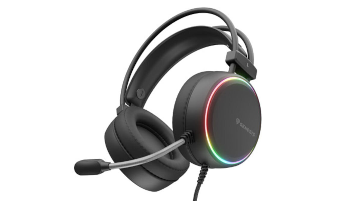 Słuchawki GENESIS Neon 613 RGB Nauszne Czarny przewód w tekstylnym oplocie o długości 2,2 m USB-A mini jack 3,5 mm rozdzielacz mini jack 3,5 mm / 2x mini jack 3,5 mm