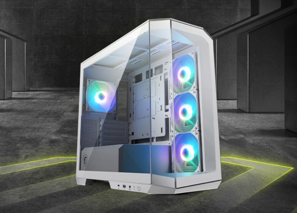 Obudowa MSI MAG Pano M100R PZ Biały Obudowa komputerowa w białym kolorze z panelami ze szkła hartowanego i podświetlanymi wentylatorami RGB, w ciemnym, industrialnym otoczeniu, opis