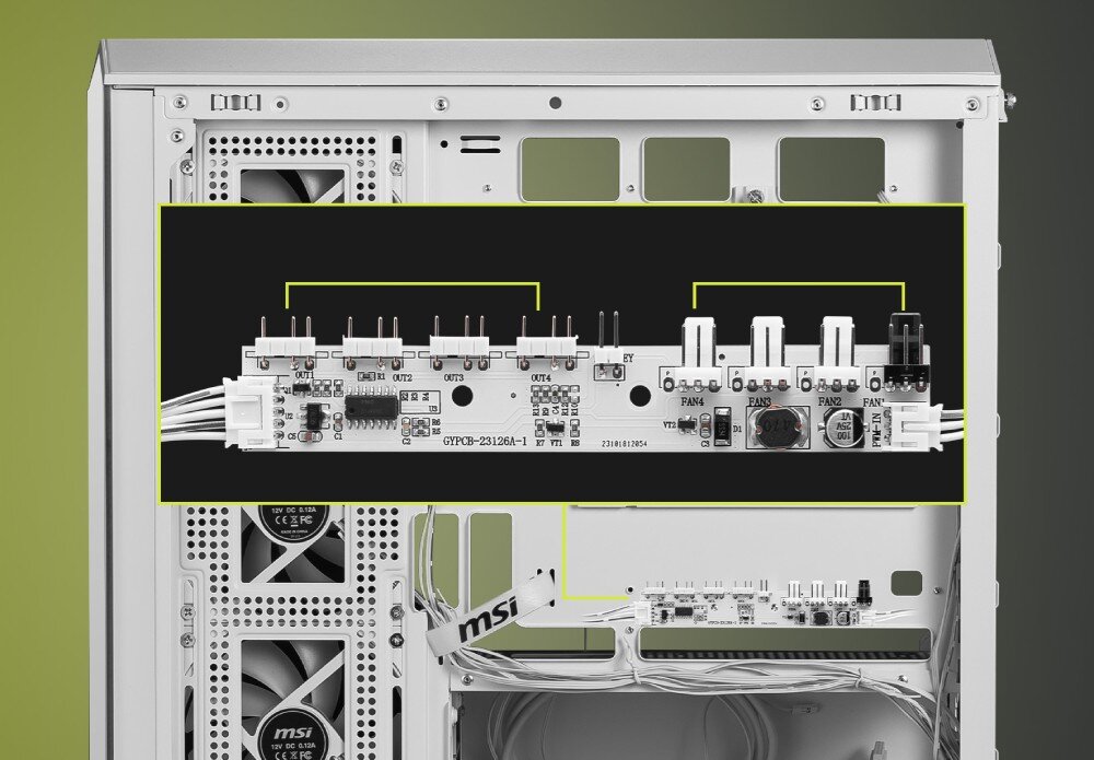Obudowa MSI MAG Pano M100R PZ Biały Zbliżenie na panel sterujący wentylatorami i podświetleniem. Pokazane są złącza dla dodatkowych wentylatorów oraz kontroler ARGB-PWM, kontroler, sterowanie podświetleniem