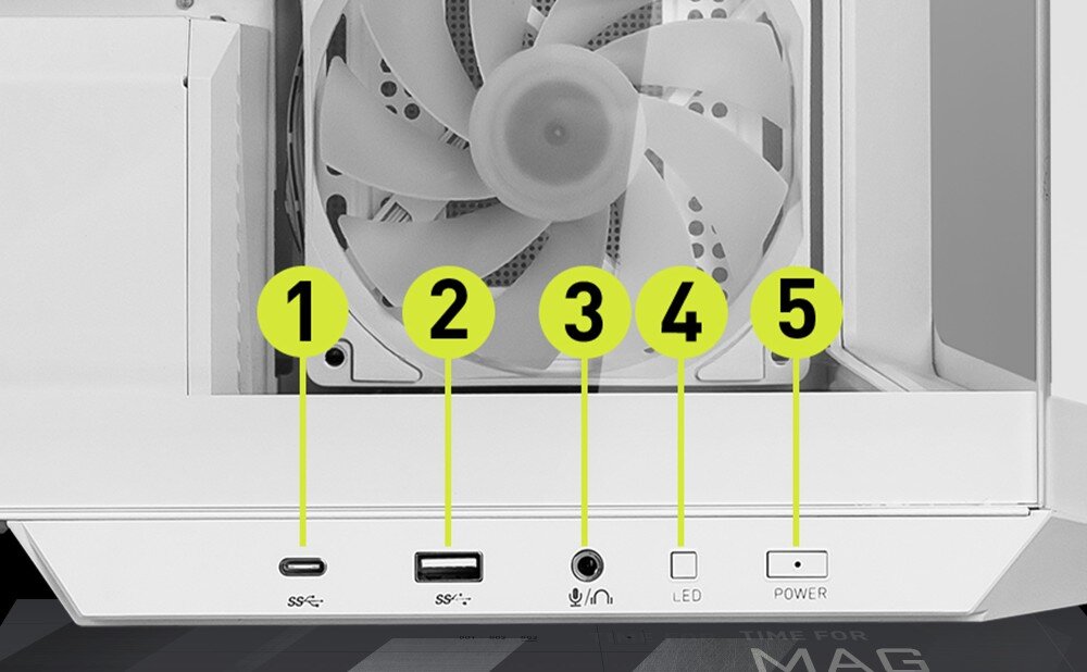 Obudowa MSI MAG Pano M100R PZ Biały Zbliżenie na panel przedni obudowy z oznaczeniami portów. Widoczne są: port USB typu C, port USB typu A, wejście audio, przycisk do sterowania podświetleniem oraz przycisk zasilania, porty, gniazda