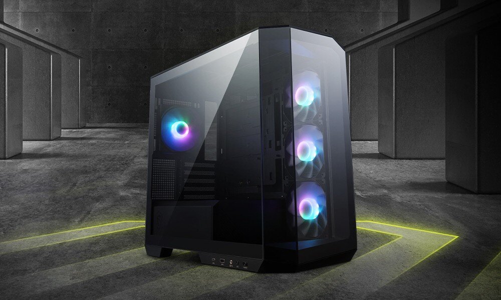 Obudowa MSI MAG Pano M100R PZ Czarny Obudowa komputerowa w czarnym kolorze z panelami ze szkła hartowanego i podświetlanymi wentylatorami RGB, w ciemnym, industrialnym otoczeniu, opis