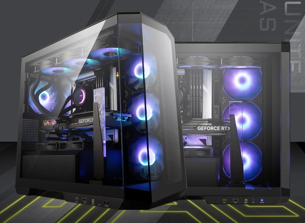 Obudowa MSI MAG Pano M100R PZ Czarny Dwa widoki tej samej obudowy z zamontowanymi podzespołami. Wnętrze komputera jest podświetlone wentylatorami RGB, a karta graficzna oraz chłodzenie procesora są wyraźnie widoczne, cechy, wygląd, szklany panel