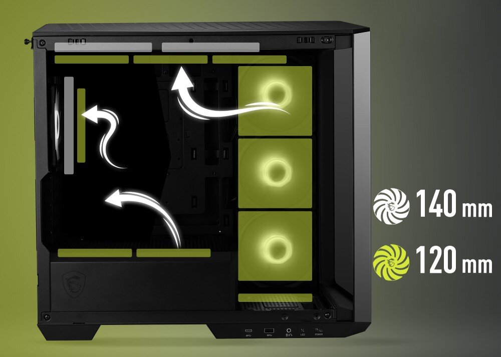 Obudowa MSI MAG Pano M100R PZ Czarny Schemat przepływu powietrza w obudowie. Strzałki wskazują kierunek cyrkulacji, a zaznaczone miejsca pokazują kompatybilność z wentylatorami 120 mm i 140 mm, chłodzenie, wentylatory, radiatory