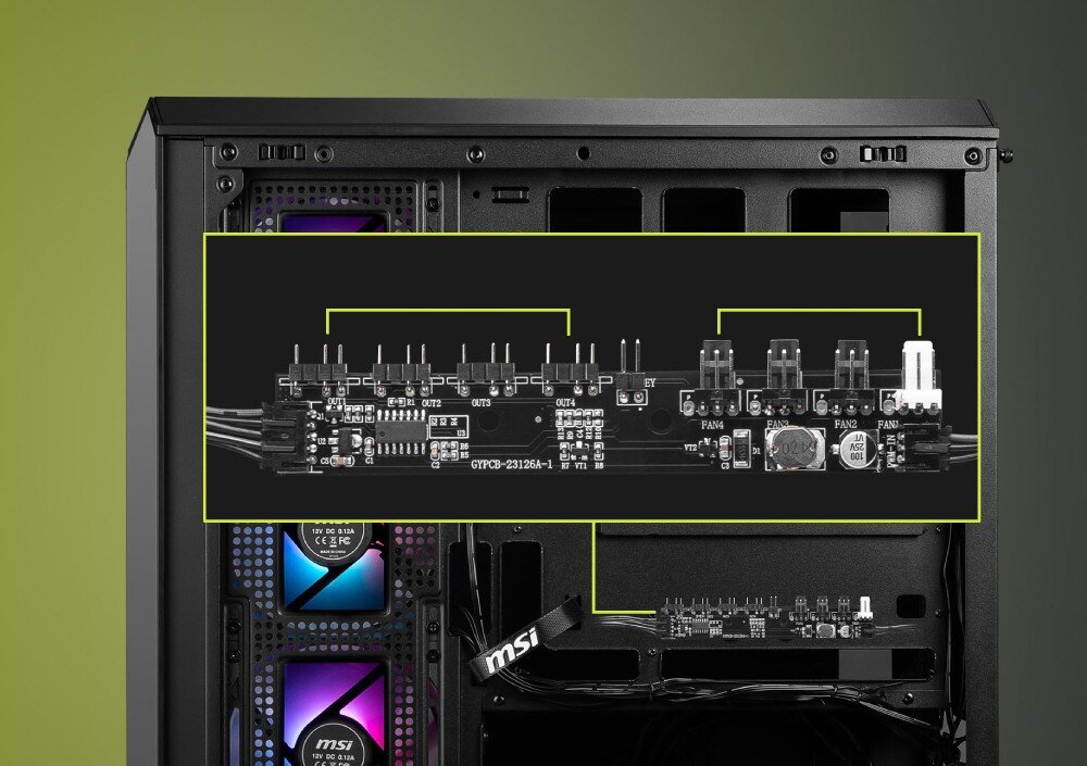 Obudowa MSI MAG Pano M100R PZ Czarny Zbliżenie na panel sterujący wentylatorami i podświetleniem. Pokazane są złącza dla dodatkowych wentylatorów oraz kontroler ARGB-PWM, kontroler, sterowanie podświetleniem