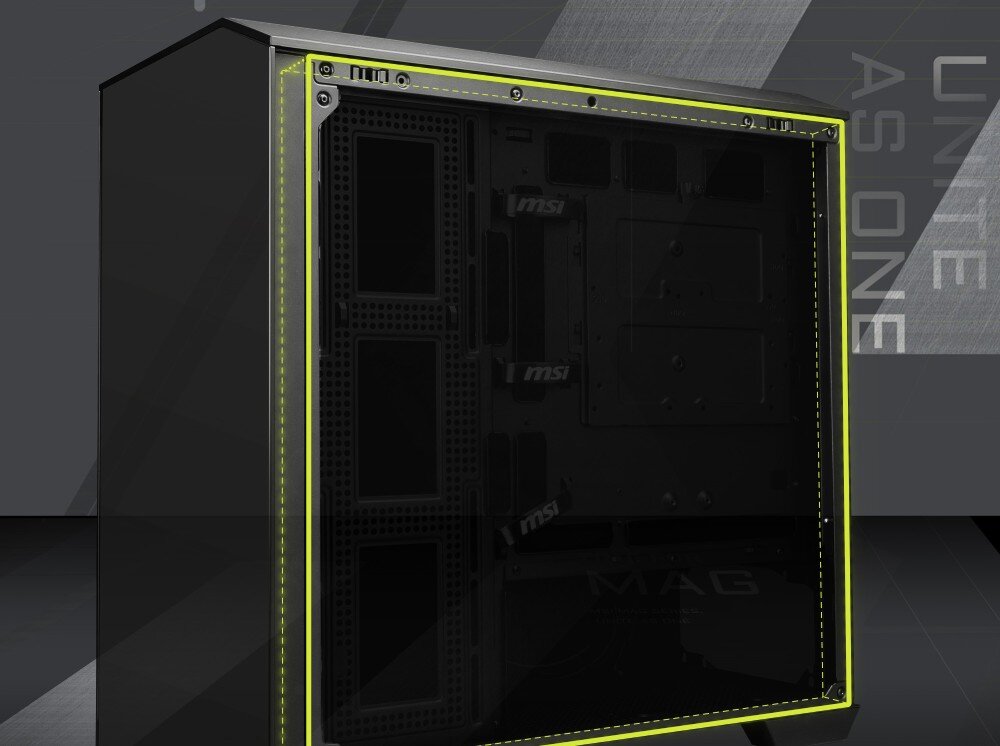 Obudowa MSI MAG Pano M100R PZ Czarny Tył obudowy prezentujący układ otworów wentylacyjnych oraz przestrzeń na prowadzenie kabli. Widoczne perforacje pomagające w poprawie przepływu powietrza, podłączenie, przestrzeń na kable, organizacja