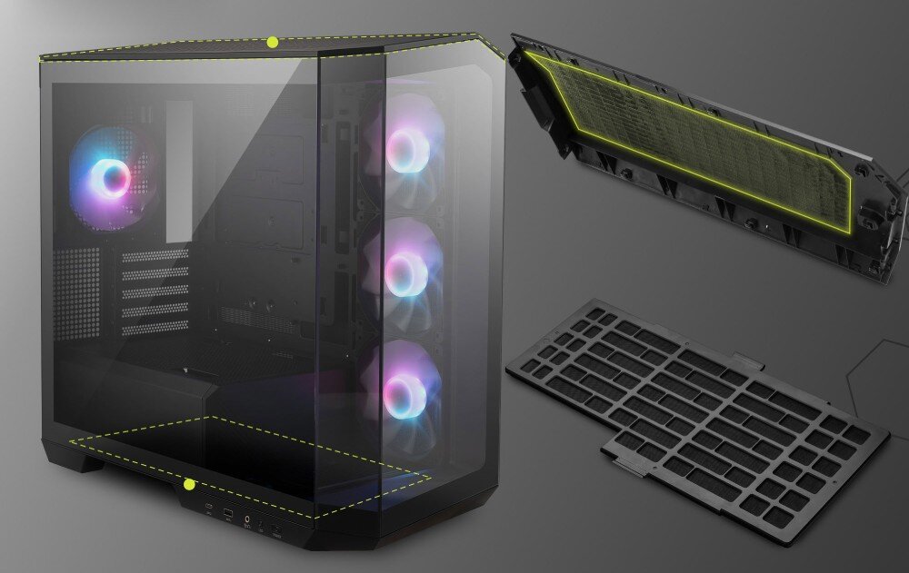 Obudowa MSI MAG Pano M100R PZ Czarny Rozłożone filtry przeciwkurzowe z obudowy. Górny panel można łatwo zdjąć, a dolny filtr jest magnetyczny, filtry, zdejmowany panel, czyszczenie