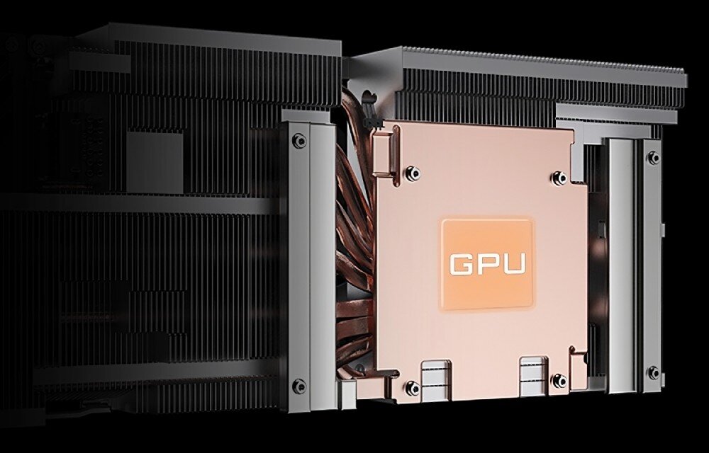 Karta graficzna GIGABYTE GeForce RTX 4080 Super Windforce V2 16G Zbliżenie na przekrój konstrukcji karty, eksponujące dużą miedzianą płytkę oznaczoną napisem 'GPU' i system miedzianych ciepłowodów, miedziana płytka, ciepłowody, radiator