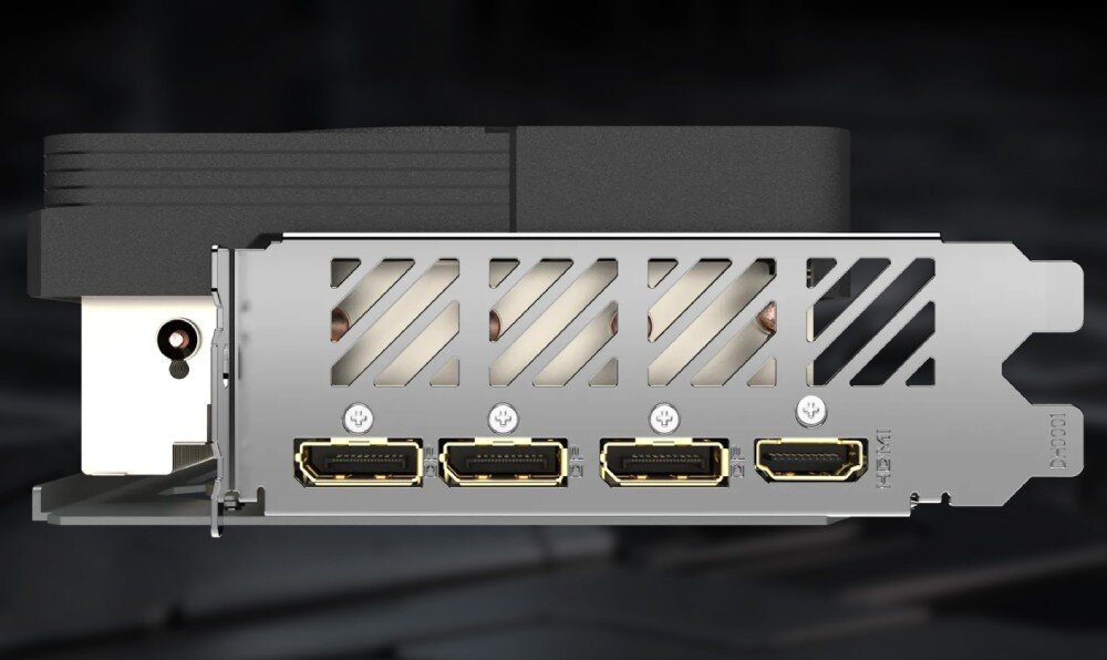 Karta graficzna GIGABYTE GeForce RTX 4080 Super Windforce V2 16G Panel wyjściowy karty graficznej z czterema złączami wideo: trzema DisplayPort i jednym HDMI, umieszczonymi w metalowej ramce z otworami wentylacyjnymi, porty złącza, rozdzielczość, monitory