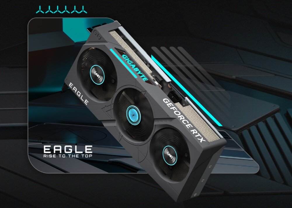Karta graficzna GIGABYTE GeForce RTX 4070 Ti Super Eagle OC 16GB Karta graficzna z trzema wentylatorami widoczna pod kątem, z podświetlanym logotypem GIGABYTE i napisem „EAGLE RISE TO THE TOP” na tle futurystycznej scenografii, opis