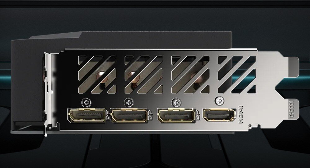 Karta graficzna GIGABYTE GeForce RTX 4070 Ti Super Eagle OC 16GB Zbliżenie na tylny panel karty graficznej z widocznymi trzema portami DisplayPort i jednym portem HDMI, obok perforacji wentylacyjnej, porty, gniazda