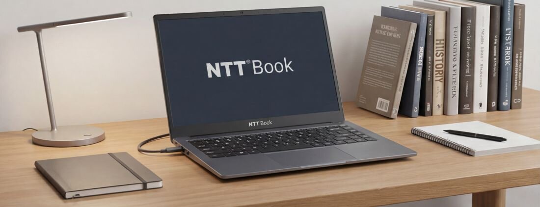  Laptop NTT Book stoi na drewnianym biurku obok notatnika i lampki podczas pracy biurowej w domowym gabinecie 