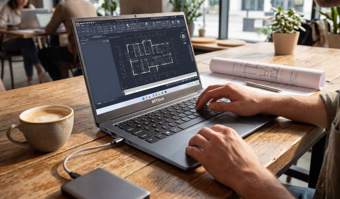  Osoba pracuje na laptopie NTT Book z podłączonym dyskiem zewnętrznym podczas projektowania technicznego w przestrzeni co-workingowej 