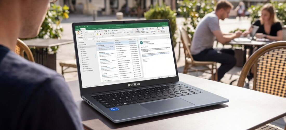 Osoba korzysta z laptopa NTT Book z ekranem Full HD podczas obsługi poczty elektronicznej w ogródku kawiarni 